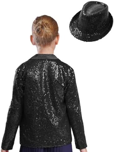 FEESHOW Kids Girls Notched Lapel Sequin Blazer Jacket Long Sleeve Shiny Jazz Dance Button Down Suit Coat With Hat