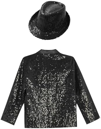 FEESHOW Kids Girls Notched Lapel Sequin Blazer Jacket Long Sleeve Shiny Jazz Dance Button Down Suit Coat With Hat