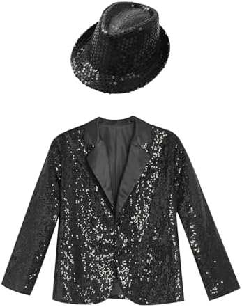 FEESHOW Kids Girls Notched Lapel Sequin Blazer Jacket Long Sleeve Shiny Jazz Dance Button Down Suit Coat with Hat
