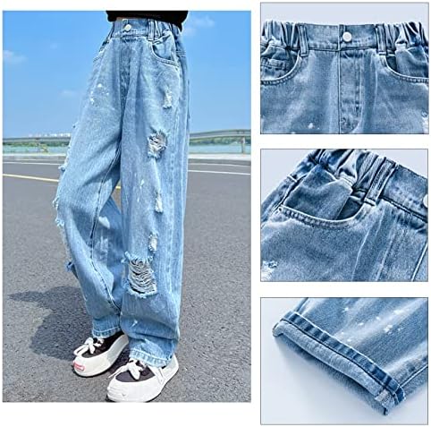 FEOYA Girls Baggy Wide Leg Ripped Jeans - Casual Denim Pants With Loose Straight Fit