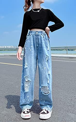 FEOYA Girls Baggy Wide Leg Ripped Jeans - Casual Denim Pants With Loose Straight Fit