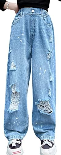 FEOYA Girls Baggy Wide Leg Ripped Jeans - Casual Denim Pants With Loose Straight Fit