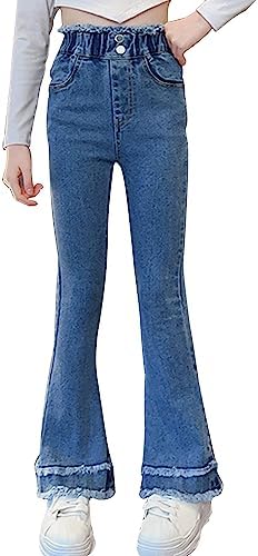 FEOYA Girls Flared Leg Jeans Elasticated Waist Retro Style Denim Pants for Kids 3-14 Years