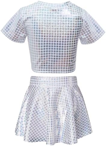FEOYA Girls Metallic Dance Outfit Set Kids Sequin Crop Top Shirt With Skirt Hip Hop Costume 3-13 Years