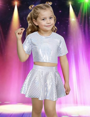 FEOYA Girls Metallic Dance Outfit Set Kids Sequin Crop Top Shirt With Skirt Hip Hop Costume 3-13 Years