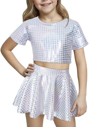 FEOYA Girls Metallic Dance Outfit Set Kids Sequin Crop Top Shirt With Skirt Hip Hop Costume 3-13 Years