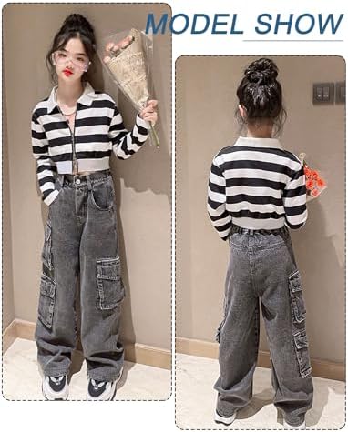 FEOYA Kids Girls' Casual Wide Leg Baggy Jeans Children Retro Denim Ripped Pants Loose Trousers Vintage Streetwear 5-14 Years