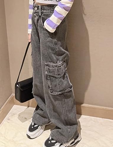 FEOYA Kids Girls' Casual Wide Leg Baggy Jeans Children Retro Denim Ripped Pants Loose Trousers Vintage Streetwear 5-14 Years
