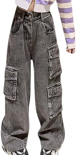 FEOYA Kids Girls' Casual Wide Leg Baggy Jeans Children Retro Denim Ripped Pants Loose Trousers Vintage Streetwear 5-14 Years