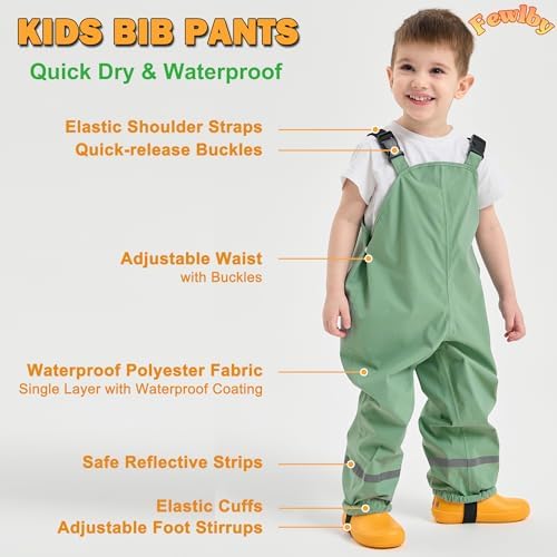 Fewlby Kids Waterproof Trousers Rain Trousers Bib Overalls Boys Girls Rain Dungarees Wind And Waterproof Mud Pants Toddler Outdoor Rainwear With Reflective Strips