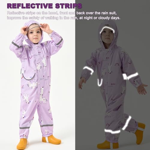 Fewlby Puddle Suit Girls Rain Suit Waterproof Suit Kids All In One Waterproof Overalls Rainsuit Cartoon Muddy Suit One Piece Raincoat Hoodie Rainwear For 1-10 Years