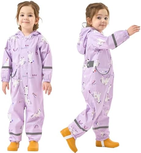 Fewlby Puddle Suit Girls Rain Suit Waterproof Suit Kids All in One Waterproof Overalls Rainsuit Cartoon Muddy Suit One Piece Raincoat Hoodie Rainwear for 1-10 Years