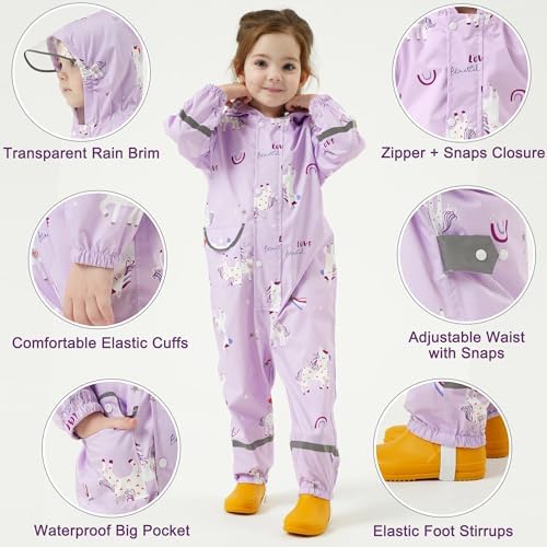 Fewlby Puddle Suit Girls Rain Suit Waterproof Suit Kids All In One Waterproof Overalls Rainsuit Cartoon Muddy Suit One Piece Raincoat Hoodie Rainwear For 1-10 Years