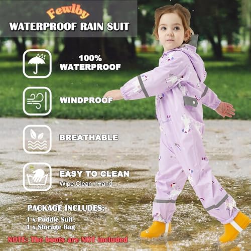 Fewlby Puddle Suit Girls Rain Suit Waterproof Suit Kids All In One Waterproof Overalls Rainsuit Cartoon Muddy Suit One Piece Raincoat Hoodie Rainwear For 1-10 Years