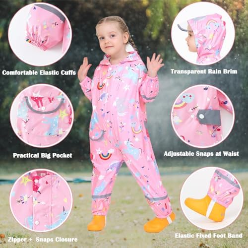 Fewlby Puddle Suit Kids Rain Suit Boys Girls Waterproof Suit Toddler All In One Waterproof Overall Muddy Suit Cartoon Raincoat Rain Wear 1-10 Years