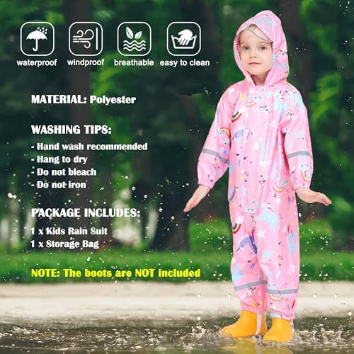 Fewlby Puddle Suit Kids Rain Suit Boys Girls Waterproof Suit Toddler All In One Waterproof Overall Muddy Suit Cartoon Raincoat Rain Wear 1-10 Years