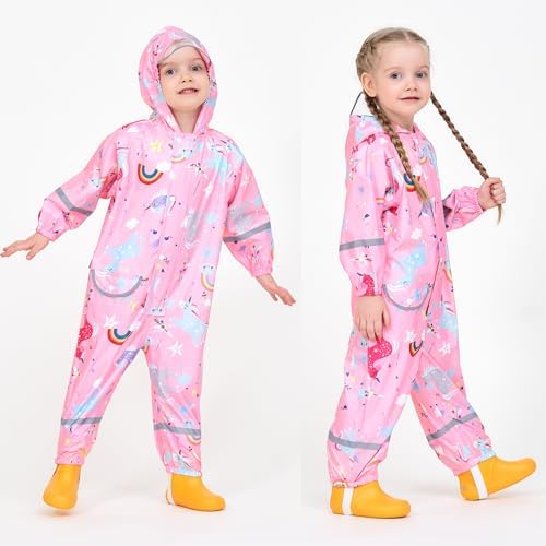 Fewlby Puddle Suit Kids Rain Suit Boys Girls Waterproof Suit Toddler All In One Waterproof Overall Muddy Suit Cartoon Raincoat Rain Wear 1-10 Years