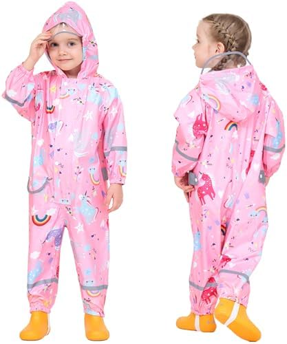 Fewlby Puddle Suit Kids Rain Suit Boys Girls Waterproof Suit Toddler All in One Waterproof Overall Muddy Suit Cartoon Raincoat Rain Wear 1-10 Years