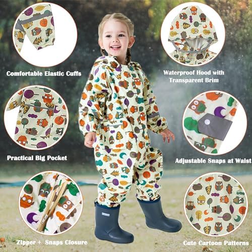 Fewlby Rain Suit Kids Puddle Suit Boys Girls Muddy Suit All In One Waterproof Overalls Toddler Lighweight Raincoat Cartoon Rainwear 1-10 Years S-XXL Size