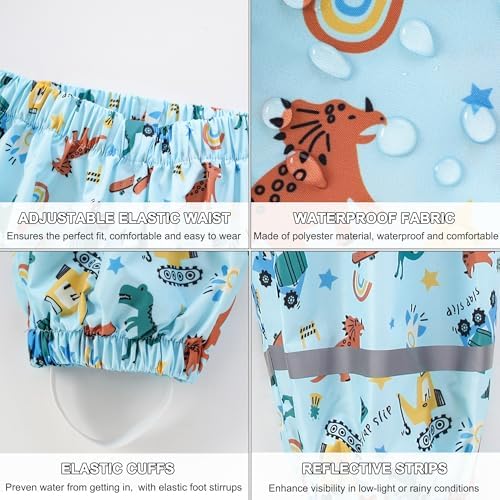 Fewlby Waterproof Trousers Kids Rain Pants For Boys Girls Lightweight Mud Pants Breathable Cartoon Rain Wear For Outdoor Play School 1-11 Years