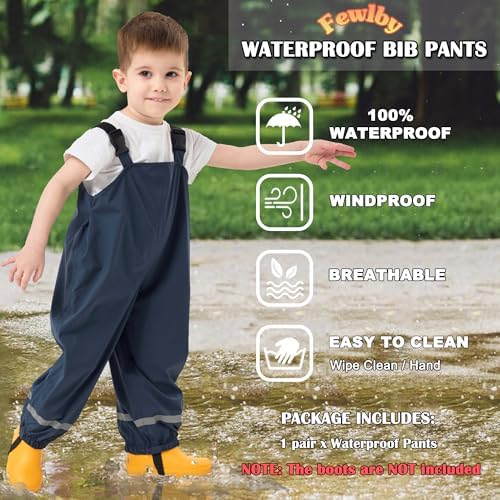 Fewlby Waterproof Trousers Kids Rain Trousers Waterproof Bib Overalls Boys Girls Rain Dungarees Wind And Waterproof Mud Pants Toddler Outdoor Rainwear With Reflective Strips