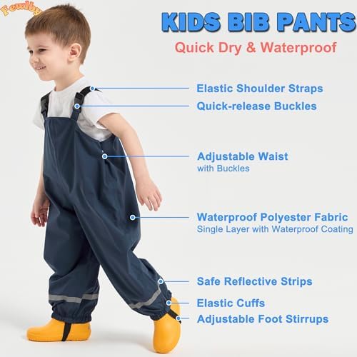 Fewlby Waterproof Trousers Kids Rain Trousers Waterproof Bib Overalls Boys Girls Rain Dungarees Wind And Waterproof Mud Pants Toddler Outdoor Rainwear With Reflective Strips