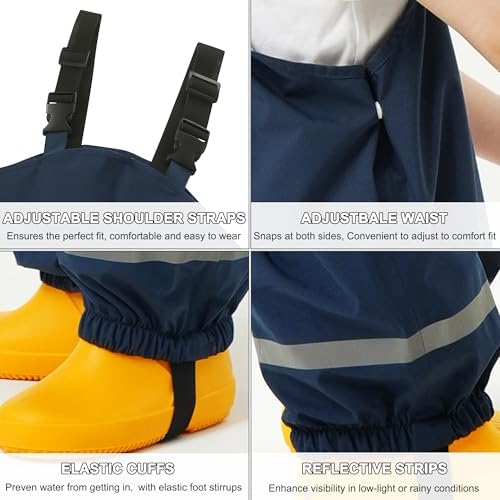 Fewlby Waterproof Trousers Kids Rain Trousers Waterproof Bib Overalls Boys Girls Rain Dungarees Wind And Waterproof Mud Pants Toddler Outdoor Rainwear With Reflective Strips