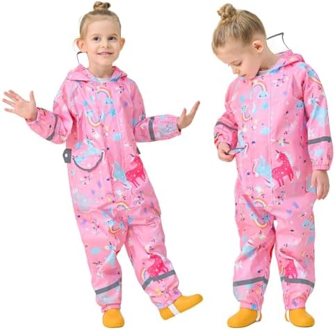 FILOWA Kids Puddle Suit Girls Waterproof Suit All In One Rainsuit Children Hooded Raincoat Lightweight Portable Breathable Rainwear And Easy To Dry Muddy Suit For Childs 1-9 Years