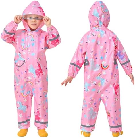 FILOWA Kids Puddle Suit Girls Waterproof Suit All In One Rainsuit Children Hooded Raincoat Lightweight Portable Breathable Rainwear And Easy To Dry Muddy Suit For Childs 1-9 Years
