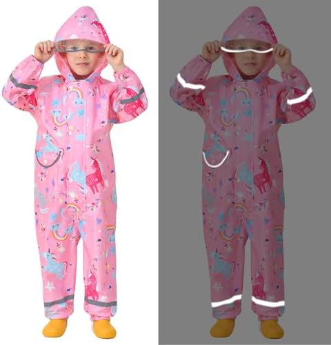 FILOWA Kids Puddle Suit Girls Waterproof Suit All In One Rainsuit Children Hooded Raincoat Lightweight Portable Breathable Rainwear And Easy To Dry Muddy Suit For Childs 1-9 Years