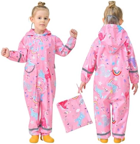 FILOWA Kids Puddle Suit Girls Waterproof Suit All in One Rainsuit Children Hooded Raincoat Lightweight Portable Breathable Rainwear and Easy to Dry Muddy Suit for Childs 1-9 Years
