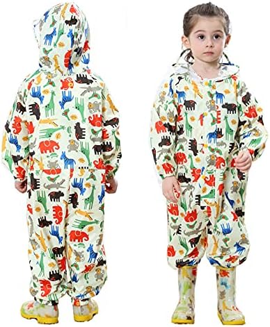 FILOWA Kids Puddle Suits Boys Girls Raincoat Hooded Waterproof All in One Rainsuit Lightweight Portable Breathable Rainwear PVC Transparent Hat Brim Zipper Muddy Suit for Childs 1-7 Years