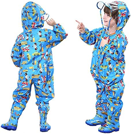 FILOWA Kids Puddle Suits Boys Girls Raincoat Hooded Waterproof All in One Rainsuit Lightweight Portable Breathable Rainwear PVC Transparent Hat Brim Zipper Muddy Suit for Childs 1-7 Years