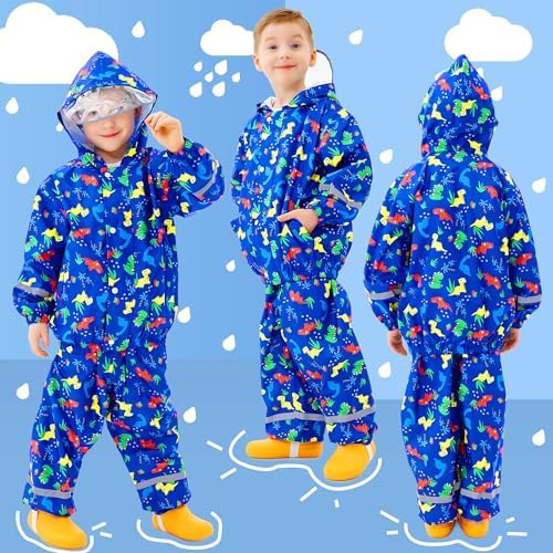 FILOWA Kids Waterproof Suit Boys Girls Hooded Raincoat Lightweight Jacket And Trouser Set Breathable Rain Suit Resistant Rain Coat & Pants Cartoon Printed Puddle Suit For Children Toddler 1-7 Years