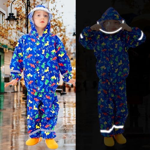 FILOWA Kids Waterproof Suit Boys Girls Hooded Raincoat Lightweight Jacket And Trouser Set Breathable Rain Suit Resistant Rain Coat & Pants Cartoon Printed Puddle Suit For Children Toddler 1-7 Years