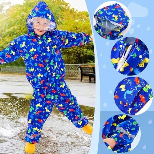 FILOWA Kids Waterproof Suit Boys Girls Hooded Raincoat Lightweight Jacket And Trouser Set Breathable Rain Suit Resistant Rain Coat & Pants Cartoon Printed Puddle Suit For Children Toddler 1-7 Years
