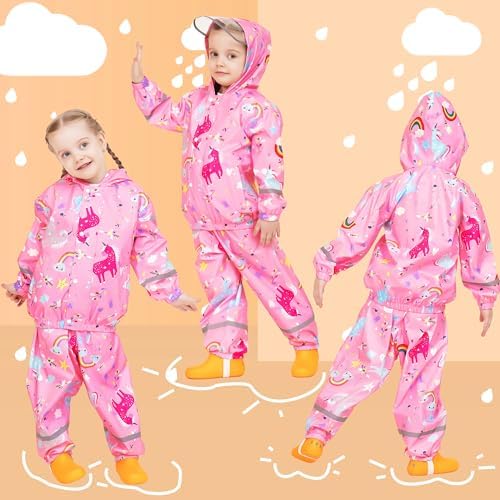 FILOWA Kids Waterproof Suit Boys Girls Hooded Raincoat Lightweight Jacket And Trouser Set Breathable Rain Suit Resistant Rain Coat & Pants Cartoon Printed Puddle Suit For Children Toddler 1-7 Years