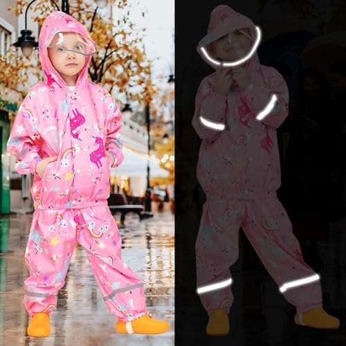 FILOWA Kids Waterproof Suit Boys Girls Hooded Raincoat Lightweight Jacket And Trouser Set Breathable Rain Suit Resistant Rain Coat & Pants Cartoon Printed Puddle Suit For Children Toddler 1-7 Years
