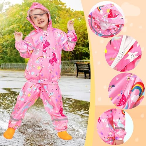 FILOWA Kids Waterproof Suit Boys Girls Hooded Raincoat Lightweight Jacket And Trouser Set Breathable Rain Suit Resistant Rain Coat & Pants Cartoon Printed Puddle Suit For Children Toddler 1-7 Years