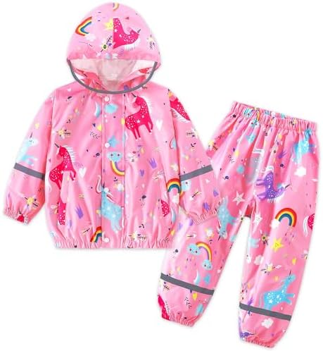 FILOWA Kids Waterproof Suit Boys Girls Hooded Raincoat Lightweight Jacket and Trouser Set Breathable Rain Suit Resistant Rain Coat & Pants Cartoon Printed Puddle Suit for Children Toddler 1-7 Years