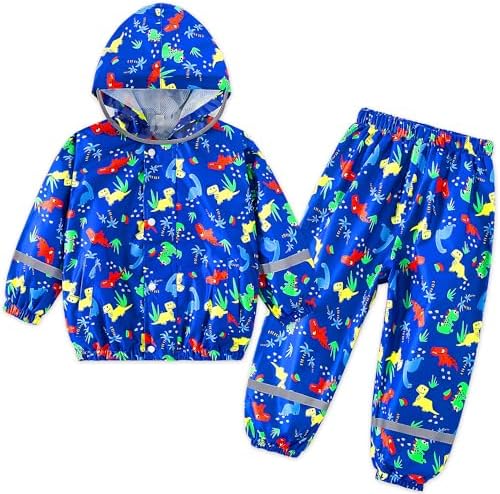 FILOWA Kids Waterproof Suit Boys Girls Hooded Raincoat Lightweight Jacket and Trouser Set Breathable Rain Suit Resistant Rain Coat & Pants Cartoon Printed Puddle Suit for Children Toddler 1-7 Years