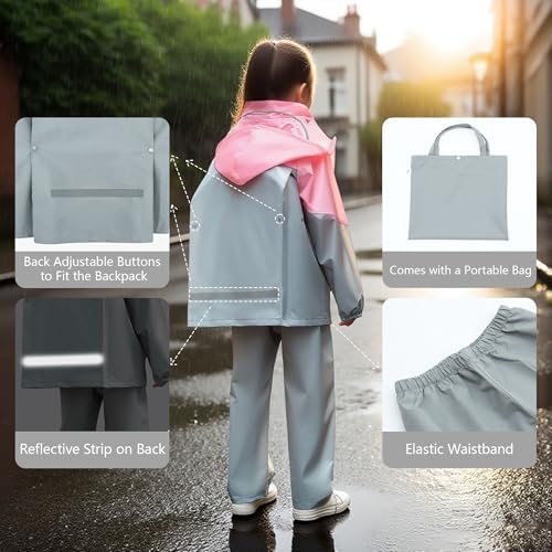FILOWA Kids Waterproof Suit Girls Boys Hooded Waterproof Jacket And Trouser Set Breathable Rain Coat & Pants Lightweight Raincoat With Portable Bag Outdoor School Rain Suit For Teenager 8-14 Years