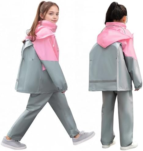 FILOWA Kids Waterproof Suit Girls Boys Hooded Waterproof Jacket and Trouser Set Breathable Rain Coat & Pants Lightweight Raincoat with Portable Bag Outdoor School Rain Suit for Teenager 8-14 Years