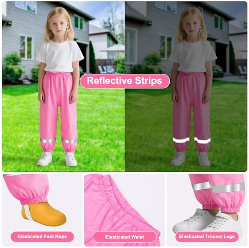 FILOWA Kids Waterproof Trousers Girls Lightweight Rain Trouser Boys Dirty Proof Mud Pants With Reflective Strip Overtrousers Breathable Rain Pant Outdoor School Cycling Rainwear For Toddler 1-10 Years