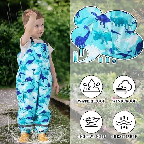FILOWA Waterproof Trousers Kids Girls Rain Dungarees Cartoon Print Mud Pants With Reflective Strip Pocket Work Trouser Breathable Rain Over Outdoor Overalls Rainwear For Toddler Childrens 2-7 Years