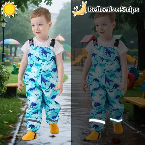 FILOWA Waterproof Trousers Kids Girls Rain Dungarees Cartoon Print Mud Pants With Reflective Strip Pocket Work Trouser Breathable Rain Over Outdoor Overalls Rainwear For Toddler Childrens 2-7 Years