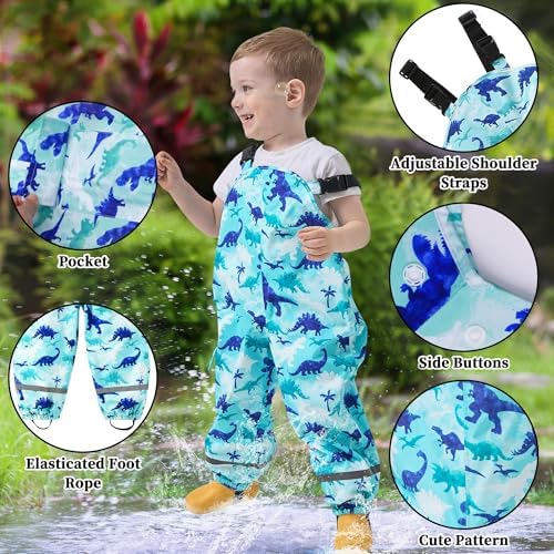 FILOWA Waterproof Trousers Kids Girls Rain Dungarees Cartoon Print Mud Pants With Reflective Strip Pocket Work Trouser Breathable Rain Over Outdoor Overalls Rainwear For Toddler Childrens 2-7 Years