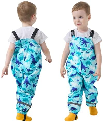 FILOWA Waterproof Trousers Kids Girls Rain Dungarees Cartoon Print Mud Pants with Reflective Strip Pocket Work Trouser Breathable Rain Over Outdoor Overalls Rainwear for Toddler Childrens 2-7 Years
