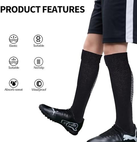Fjquamitix 4 Pairs Football Socks For Kids Knee High Breathable Non-Slip Rugby Soccer Sports Socks For Boys 9-12 Years Old
