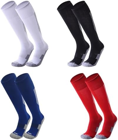 Fjquamitix 4 Pairs Football Socks For Kids Knee High Breathable Non-Slip Rugby Soccer Sports Socks For Boys 9-12 Years Old